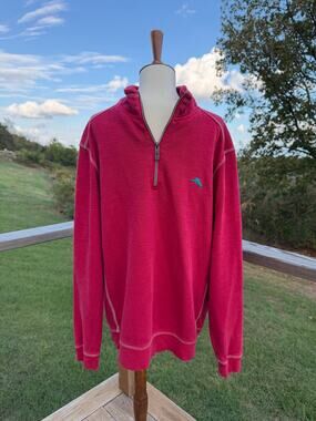 Tommy Bahama Tobago Bay Red Half Zip Pullover Sweatshirt Marlin Textured Size L